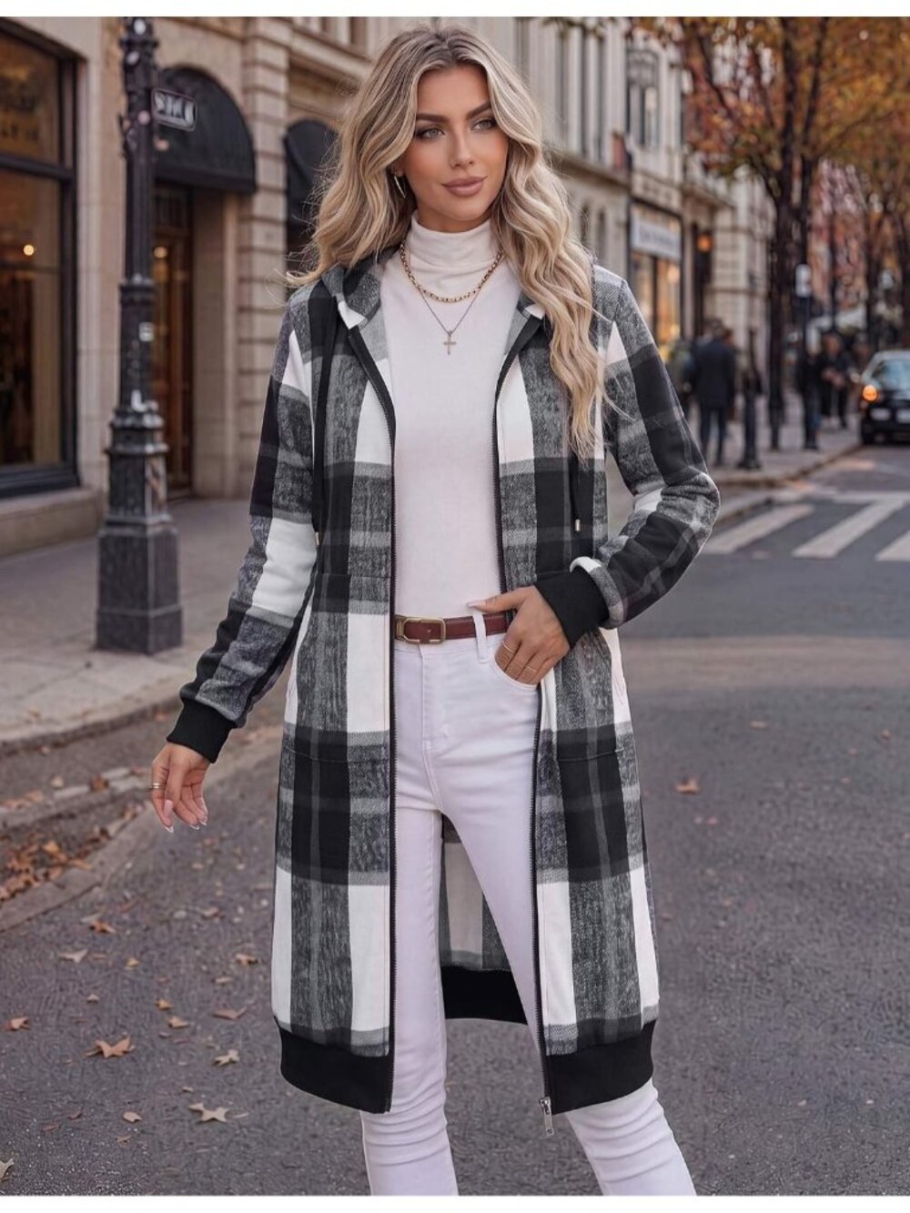 Women's Black White Plaid Longline Fleece Hoodie Full Zip Oversized Duster - Picture 3 of 6